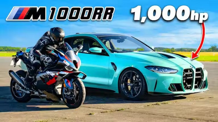 مسابقه درگ بی ام و M4 هزار اسب بخار با موتورسیکلت M1000 RR